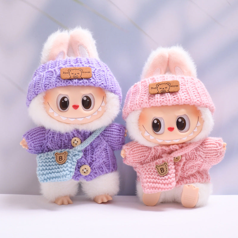 Conjunto tejido para muñeca Labubu: suéter, gorro y bolso